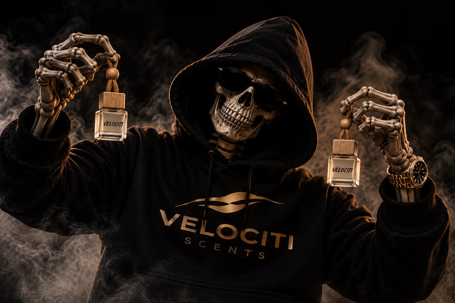 Hooded skeleton in a black-and-gold Velociti Scents hoodie holding two branded fragrance bottles