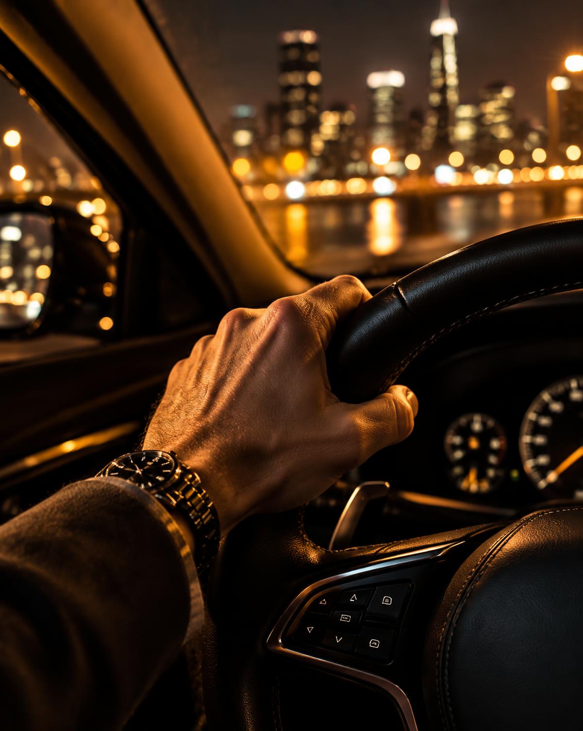 Driver's hand on a leather steering wheel at night